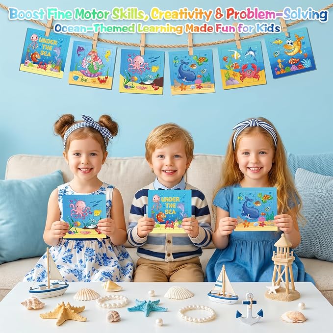 Fennoral 24 Pack Summer Crafts for Kids Bulk Color Your Own Under The Sea Jigsaw Puzzle with Base Design DIY Coloring Arts and Crafts Classroom Gifts Under the Sea Theme Party Favors,4.7inch