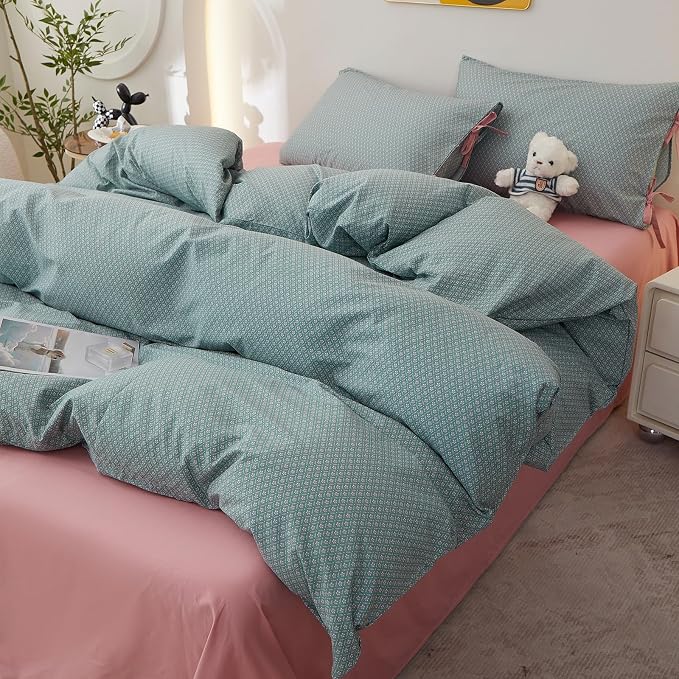 LifeTB Vintage Green Floral Comforter Set Twin XL, 3 Pieces Aesthetic Pink Flowers Comforter with 2 Bowknot Pillowcases, Cottagecore Floral Bedding Set Farmhouse Botanical Comforter for All Seasons