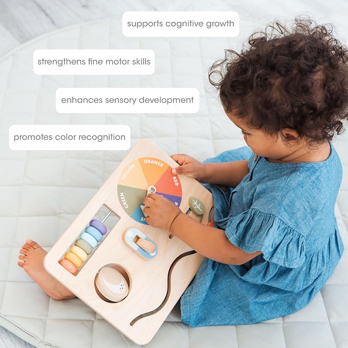 Pearhead Busy Board for Toddlers – FSC-Certified Wooden Montessori Sensory Travel Toy with Built-in Stand, Develops Fine Motor Skills & Color Recognition, Boys and Girls, 1 2 3 Year Old