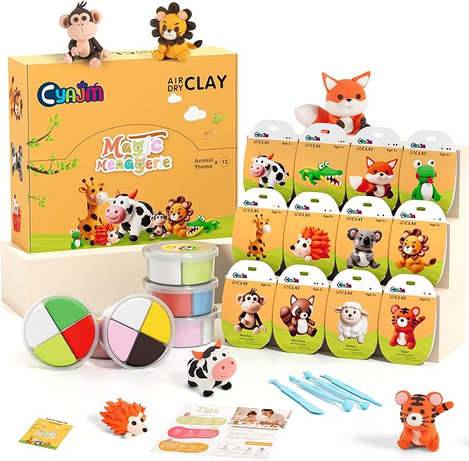 Cyajm 12-Color Air Dry Clay Kit, Animal-Themed Ultra-Light Modeling Clay for Kids, Non-Toxic Soft Air Drying Clay Set with Tools & Guide, Creative DIY Craft Gift for Boys Girls Ages 3+