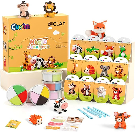 Cyajm 12-Color Air Dry Clay Kit, Animal-Themed Ultra-Light Modeling Clay for Kids, Non-Toxic Soft Air Drying Clay Set with Tools & Guide, Creative DIY Craft Gift for Boys Girls Ages 3+