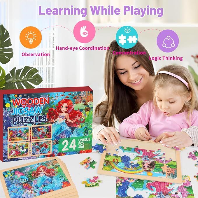 4-Pack Wooden Puzzles for Kids Ages 4-6, 24 Piece Unicorn Mermaid Princess Jigsaw Puzzles, Preschool Toddlers Learning Activity Puzzles Toys for Girls 3 4 5 6 Years Old