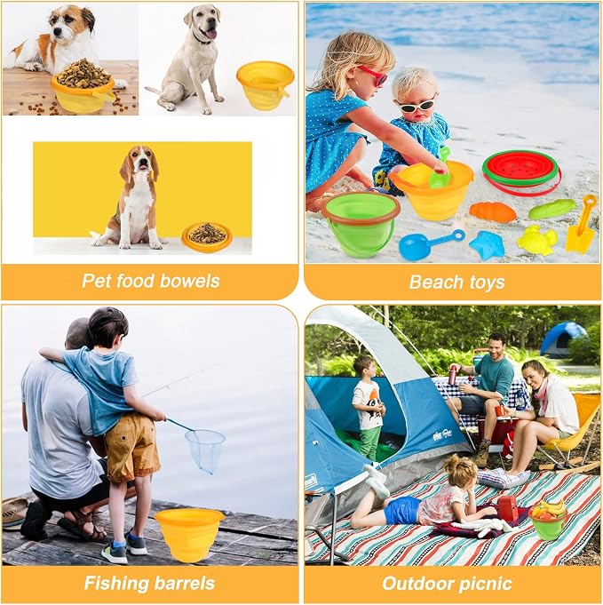 Beach Sand Toys Set for Kids, Silicone Collapsible Foldable Beach Bucket Travel Beach Toys for Summer Outdoor Camping and Fishing Tub with Sand Molds Shovels Rakes for Toddlers Boys Girls 2.5L 3PCS