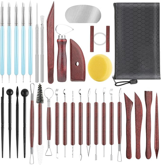 34PCS Clay Tools Sculpting Set, Pottery Tools and Supplies, Ceramic Polymer Tools Kit for Carving, Shaping, Dotting, Molding, Modeling, Pottery Kiln, Pottery Wheel, Air Dry Clay, Crafting Supplies