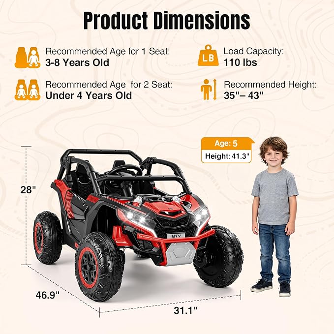 Firstness 24V Ride on Toys 800W Electric Remote Control Ride on Cars for Kids 2-Seater Riding Cars for Kids Ages 3-8, 3 Speed Mode, Music, LED Light, Off-Road UTV Ride on Truck for Boys & Girls, Red
