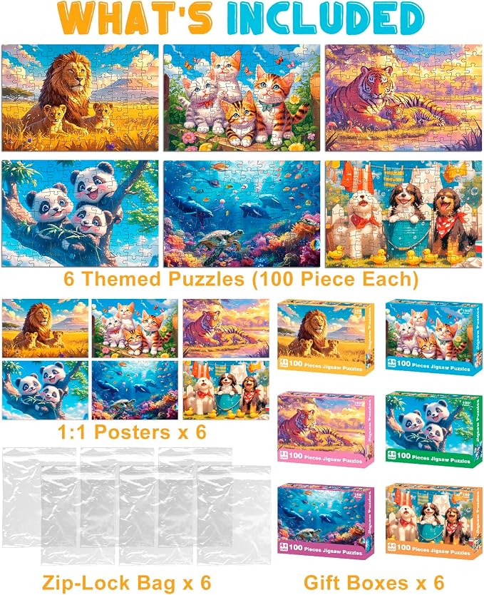Yigney 100 Piece Puzzles for Kids - Ages 4-6 6-8 8-10 Year Old - Lions, Cats, Pandas, Tigers, Dogs, Turtles, 6-Pack Jigsaw Puzzles for Kids Learning Educational Toys for Boys and Girls