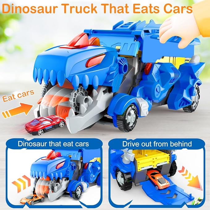 Dinosaur Toys for Kids 3-5, Dinosaur Truck with 6 Cars Toys, Car Track Set, Birthday Gifts Toys for 3 4 5+ Year Old Boys Girls, Transport Carrier Truck for Toddlers, Chritsmas Gifts