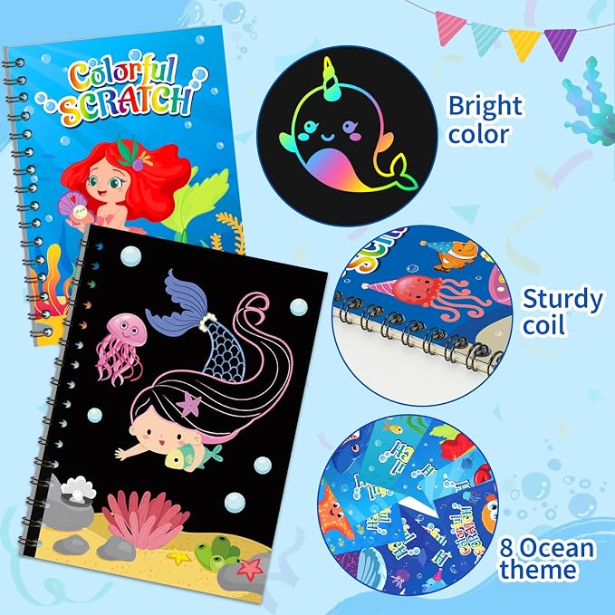 Rainbow Scratch Paper Party Favors: 24 Pack Ocean Rainbow Scratch Notebook, Goodie Bags Stuffers Coloring Books Party Favors for Kids 3-12, Bulk Classroom Birthday Gifts for Student