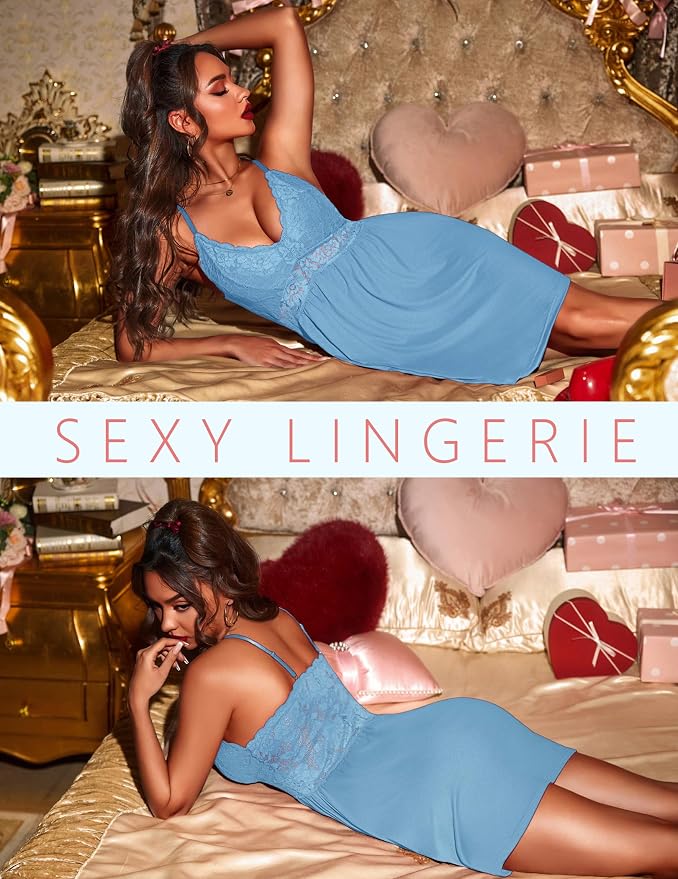 Ekouaer Lingerie for Women Sexy Nightgown Lace Trim Sleep Dress Chemise Nightgowns Sleeveless Night Gown Sleepwear S-3XL