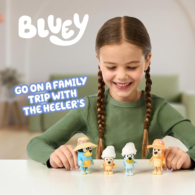 Bluey Family Figures Trip Pack of 4, Articulated Character Toys with Bingo, Bandit, and Chilli Figurines, Action Figures for Kids Ages 3+