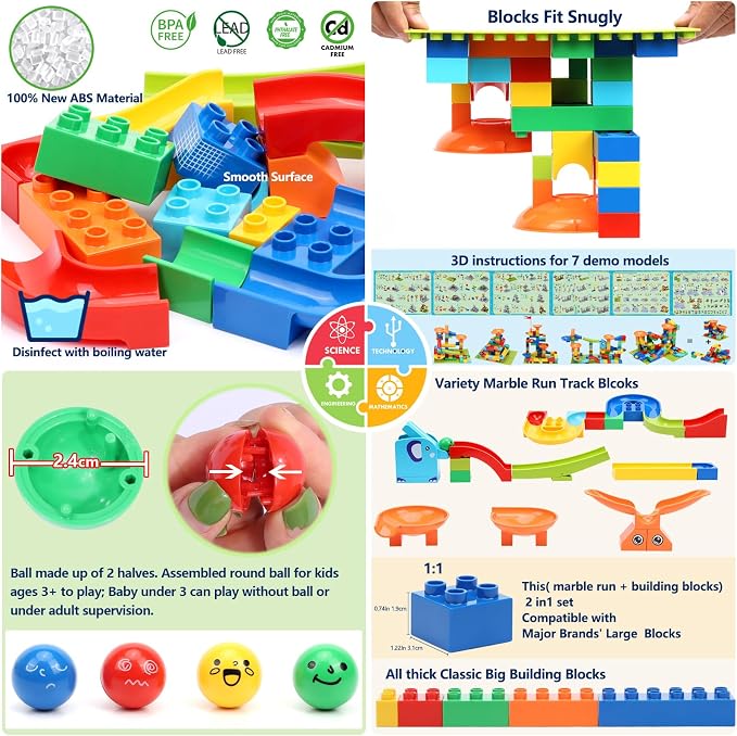 COUOMOXA Marble Run Building for Kids: STEM Building Blocks Set Compatible with Classic Bricks - Educational Toys for Kids Ages 3 4 5 6 7 8+ Home Classroom for Boys Girls