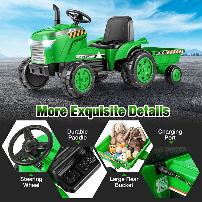 Costzon 2-in-1 Ride on Tractor, 12V Kids Ride on Car w/Detachable Trailer, Remote Control, Wireless Connection, Horn, Music/Lights/Spring Suspensions, Tractor Toys for Kids (Plastic Tires, Green)