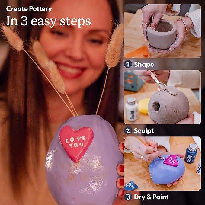 Sculpd - The Original Pottery Kit for Adults - Air Dry Clay for Adults, Tools, Varnish, Paints, Brushes, Couples Date Night Arts & Crafts Set, Gloss Varnish with Floral Tones