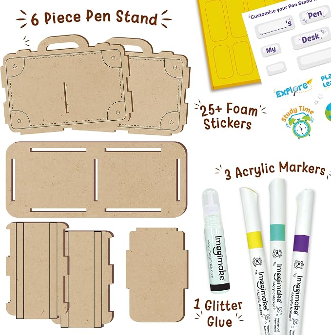 Imagimake DIY Wood Art Pen Stand | Make Customized Wooden Pen Stand | Wooden Painting Crafts for Kids Age 5,6,7,8 & Above| 25+ Foam Stickers for Wood Crafts |Fun Gift for 5+ Year Old Girls and Boys