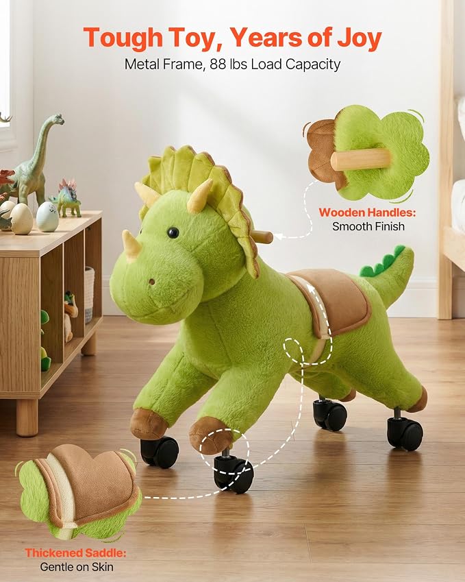 VEVOR Ride On Horse, Riding Dinosaur Toys for Kids, Features Lifelike Dinosaur Roars, No Battery Required, 360-Degree Flexible Smooth Wheels, Soft Seat, 88 lbs Max Load Capacity for Toddlers Ages 3+
