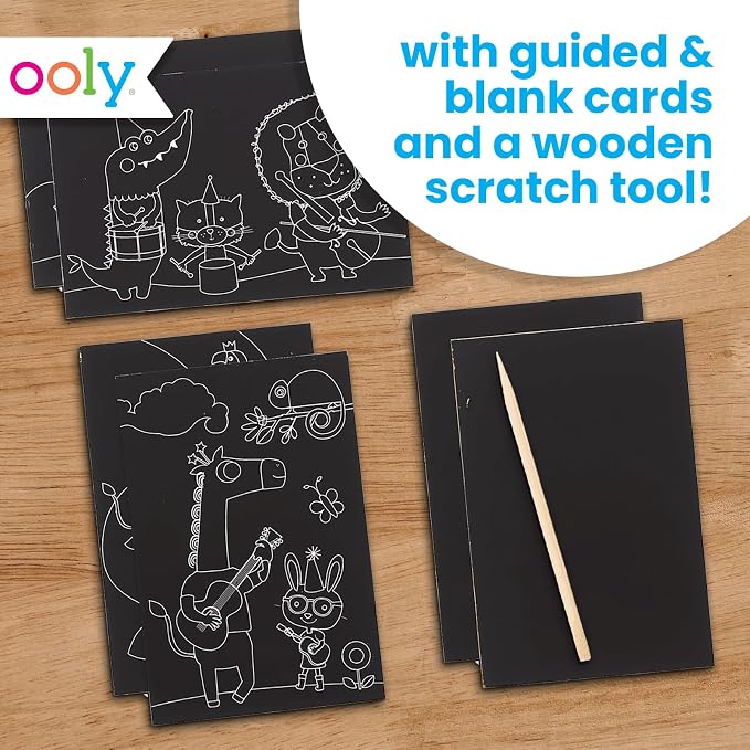 Ooly Mini Travel Crafts for Kids – 6 Card Scratch Art Kit, Compact Car & Airplane Activity, Wooden Stylus Included – Safari Party