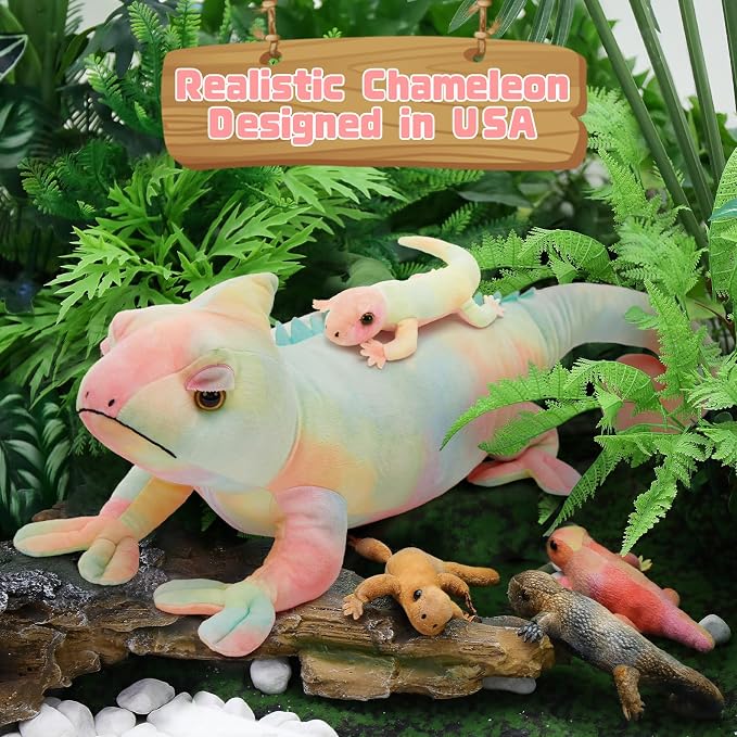 MorisMos 27" Giant Chameleon Stuffed Animal with Babies, 5Pcs Mama & Baby Stuffed Lizard Plush Toys for Kids, Realistic Rainbow Chameleon Plush Toys, Lizard Toys for Jungle Birthday Gift & Room Decor