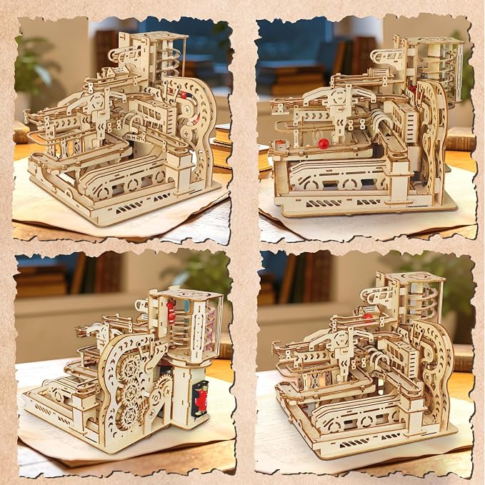 3D Wooden Puzzles Marble Run Model Building Kit, 372PCS DIY City Mechanical Track, Creative Wood Craft Puzzle with Red Marbles, Educational Hobby Gift for Adults & Teens