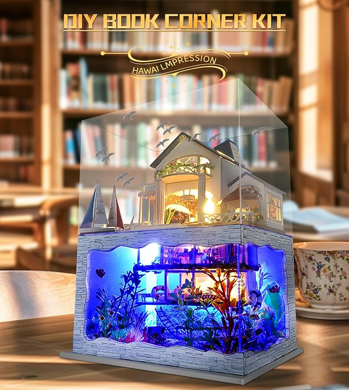 Spilay Miniature Dollhouse Kit with Furniture,DIY Dollhouse Kit Mini Modern Villa Model Plus Dust Cover and Music Box,1:24 Scale Creative Room Idea for Adult Birthday Gift(Hawaii Impression)