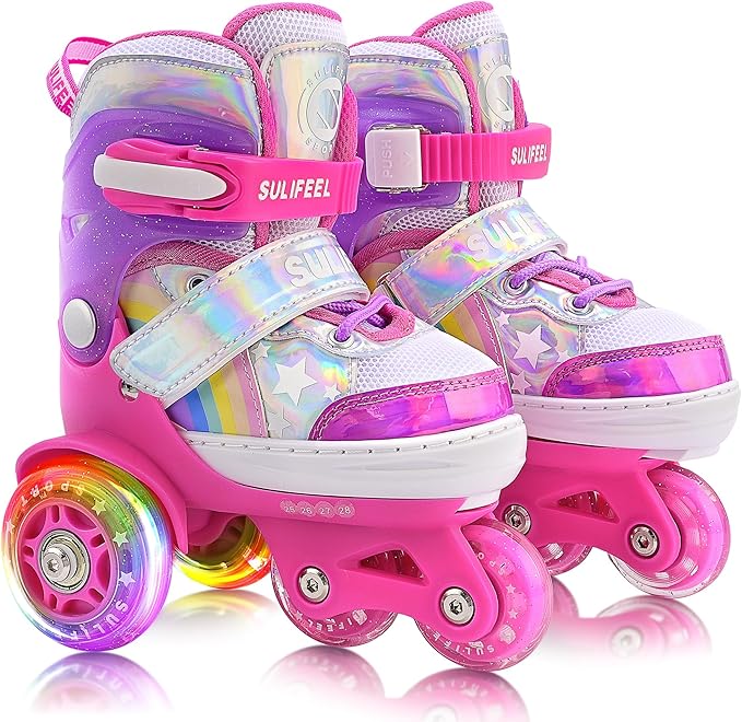 SULIFEEL Rainbow Unicorn 4 Size Adjustable Roller Skates for Girls Boys for Kids Ages 3-5 5-8 6-12 Children Skates Indoor Outdoor