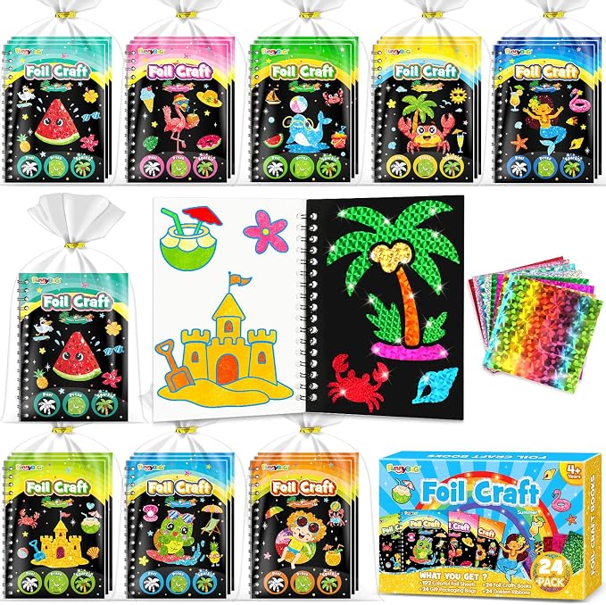 FUNNYB&G Foil Art Party Favors for Kids - 24 Pack Foil Art Crafts Kits Coloring Books, Goodie Bag Stuffers Party Favors for Kids 4-8 8-12, Bulk Birthday Classroom Prizes Girls Boys Gifts (Summer)