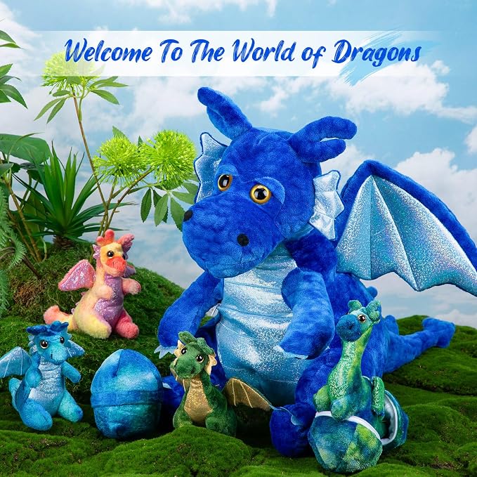 Arrowbash 7 Pcs Dragon Family Plush Toys Gift Set 15.75'' Large Mommy Dragon Stuffed Animal with 4 Baby Dragons and 2 Eggs Soft Glitter Blue Plush Get Well Gift for Birthday Christmas Holiday Playtime