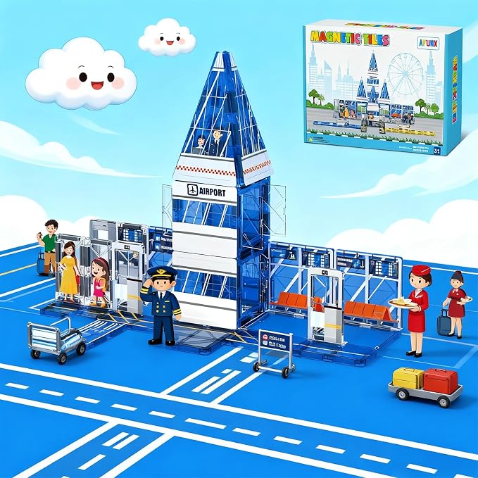 AFUNX Magnetic Tiles, 54PCS Airport Theme Building Blocks Set, Magnet Building Blocks and STEM Preschool Educational Toys for Kids Toddlers Ages 3-5 5-7 8-10