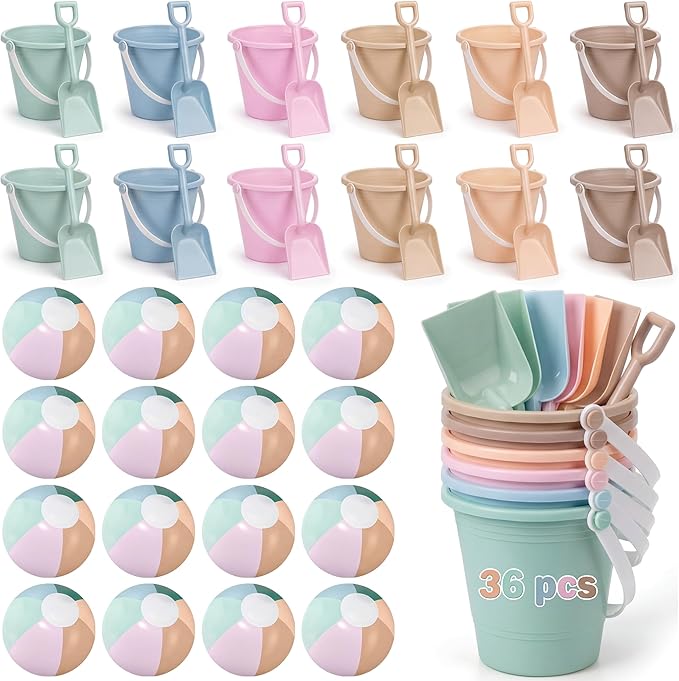 Lunmon 72 Pcs Beach Toys for Kids 24 Set Sand Buckets Shovels Bulk Pastel Beach Balls Inflatable Sand Toys for Girls Boys Toddlers Games Birthday Summer Pool Party Favor (Morandi, Vivid)