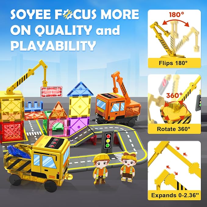 Soyee 102 PCS Magnetic Tiles with 2 Cars & 2 Cranes Magnet Construction Building Kids Toys for Creative Play and STEM Learning Boys Toys & Gifts for 3-12