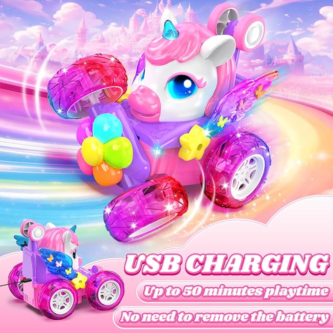 Unicorn RC Cars for Girl Toys with Glowling Crystal Wings & Eyes Lights, 360° Rotation Remote Control Car Pink Unicorn Stunt Car Kids Toys Birthday Gifts for 3 4 5 6 7 8 9 10 Year Old Girls