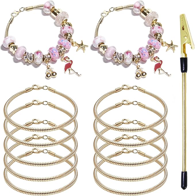 Exway 10 Pcs Snake Charm Bracelet Chain 7.0 Inch Gold Charm Bracelet Kit Snake Chain Bracelets Chain for Christmas DIY Women Jewelry Making Gifts