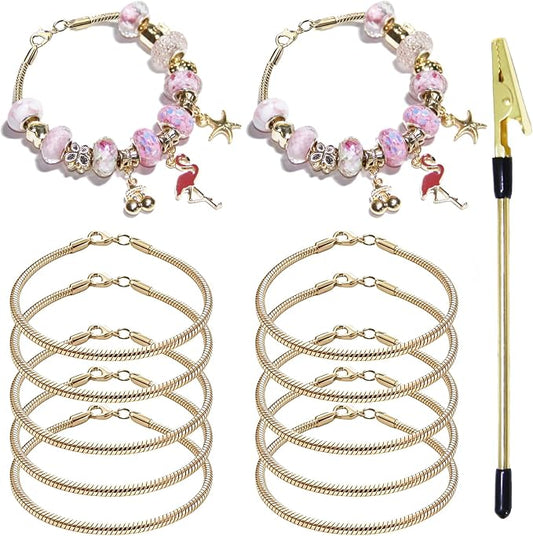 Exway 10 Pcs Snake Charm Bracelet Chain 7.0 Inch Gold Charm Bracelet Kit Snake Chain Bracelets Chain for Christmas DIY Women Jewelry Making Gifts
