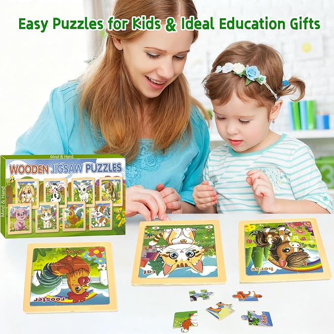 Wooden Farm Puzzles for Toddlers, 8 Pack 9 PCS Jigsaw Puzzles for Kids, Wooden Puzzles for Toddlers 3-5, Animal Puzzles for Kids 3-5, Preschool Puzzles Learning Educational Sets Toys