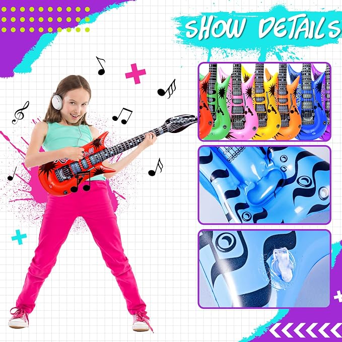Max Fun Inflatable Rock Star Toy Set, 48pcs Inflatable Party Props for Kids 80s 90s Party Decorations Inflatable Guitars Inflate Rock Band Assortment Party Favors (Random Color)