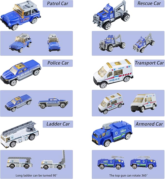 BenRich 6Pcs Mini Die Cast Car 1/64 Scale Alloy Metal Model Vehicle Set - Ladder, Water Tower, Ambulance, Police Patrol Car & Transport Truck, Patrol - Toys for Kids Boys Girls Birthday Xmas Present