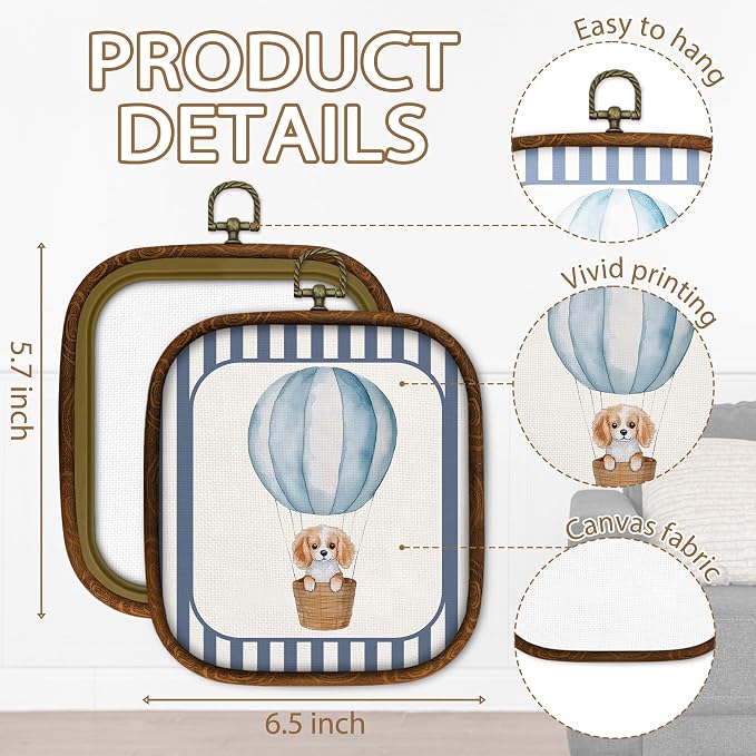 WULQYING Vintage Blue Nursery Wall Art Decor, Hot Air Balloon Dog Square Framed Canvas Art Prints, Toddler Decorations Wall Hanging Decor for Home Kids Playroom Bedroom Gallery, 5.7x6.5 Inches