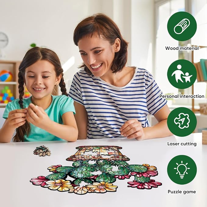 Delobil Stained Glass Cactus Wooden Puzzles for Adults, 200 Pieces Jigsaw Puzzles, Unique Shaped Medium Size Wood Puzzle Gift for Adults and Kids, Family Game 11.3'' x 13.2''