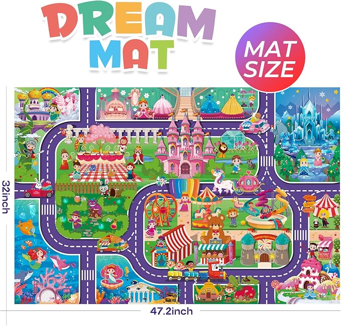 Oriate Kids Dream Mat Girls Toy Car Playmat, Princess Castle Girl Pink Kids Play mat, Parent-Kid Interaction Pretend Game for Playroom Bedroom Floor, Ideal Girl Toys Play and Learn