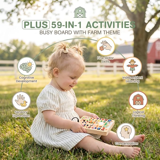 RichBoy Montessori Toy Busy Board with 40 LED Lights, 59-in-1 Sensory Toys for Toddlers, Travel Educational Activity for Airplane, Ideal Christmas Birthday Gift for Boys & Girls (Farm 7.8" x 6.5")