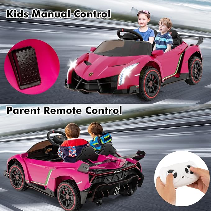 INFANS 2 Seater Kids Ride on Car, 12V 4WD Licensed Lamborghini Veneno Powered Electric Vehicle with Hydraulic Doors, Rocking Mode, Adjustable Speeds, Remote Control, MP3, Headlight (Coral)