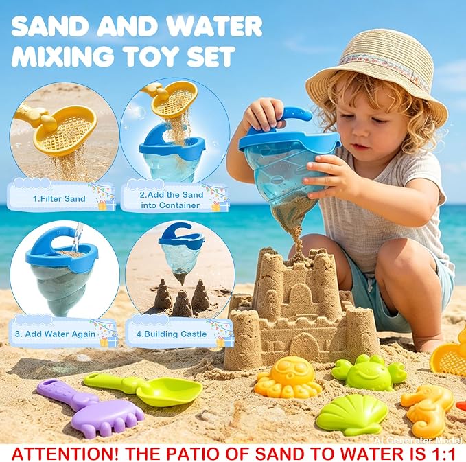 11 PCS Kid Beach Toys,Sand Water Funnel with No Partition, Silicone Plug,Beach Shovels and Sand Molds for Kids Boys Girls Ages 3-13