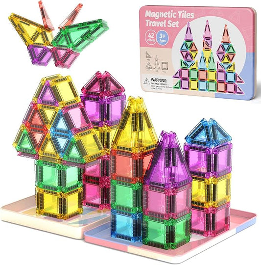 WMXDU Mini Magnetic Tiles with Iron Box, 42PCS Travel Size Magnet Building Blocks Toy Set, Protable Construction Block Toys Educational Learning Sensory Toys for 3+ Year Old Boys Girls Birthday Gift