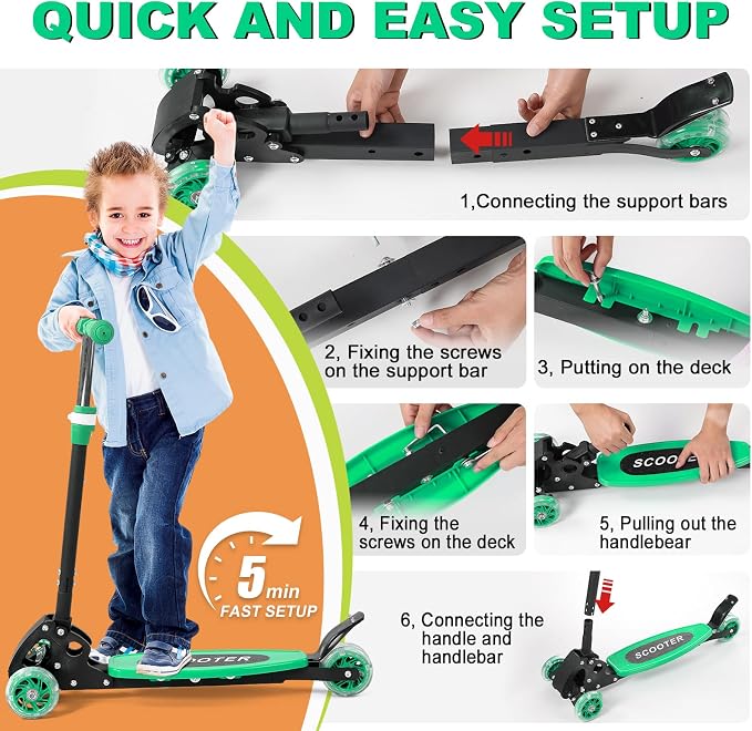 Scooter for Kids 3-5 5-7,Light up 3 Wheels Kick Scooter,Heavy Duty Folding Lean-to-Steer Scooters with 3 Adjustable Handlebar for Boys Girls,Widen Anti-Slip Deck,Rear Break,Holds up to 150Lbs