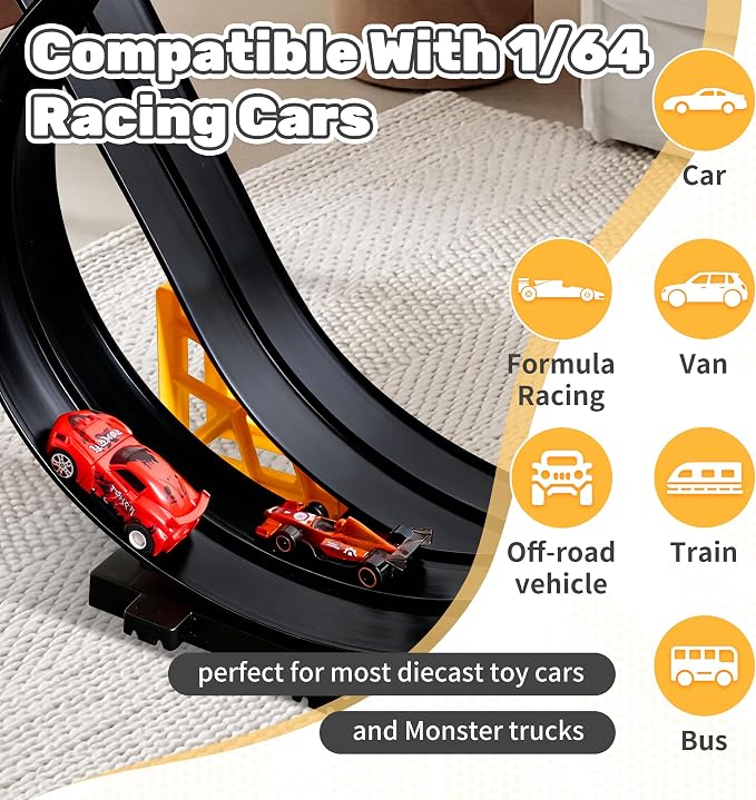 MINDNOOK 16 Ft Flexible Race Car Track Set for Kids, Portable Roll-Up Racetrack with 4 Cars & Suction Cups, Compatible with 1:64 Diecast Toy Cars, Gift for Boys & Girls Ages 4-12