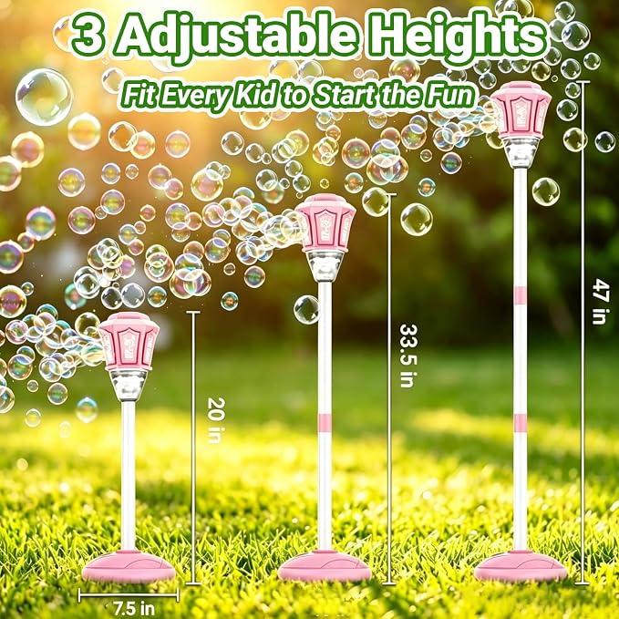 Automatic Bubble Machine for Kids, 47 Inch Vertical Adjustable Height & Handheld Bubble Blower, 10-Hole High Output Bubble Maker with Lights Music, Rechargeable Battery for Party Wedding Birthday