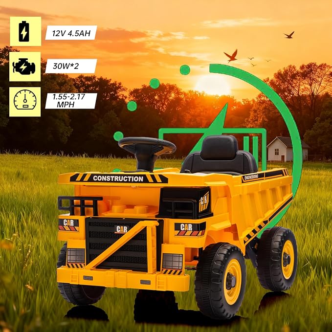 12V Ride On Dump Truck Kids Ride On Car for Kids, Battery Powered Electric Car with Remote Control, Electric Dump Bed, Wear-Resistant Tires, 4 Wheels Tractor Ride On Toys, Yellow