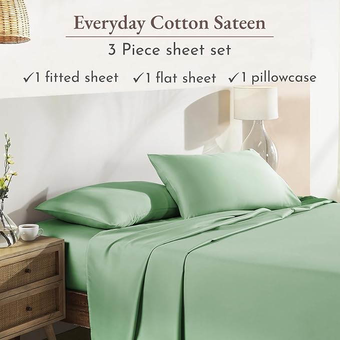 California Design Den 12" Pocket Sheets Twin Size Bed Set - Natural 100% Cotton Bed Sheets, Soft Sateen Weave, All Around Elastic, Breathable and Durable Bedding - Frosty Green