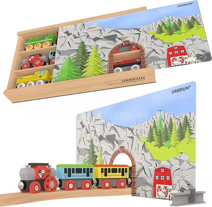 Wooden Train Set 12 PCS Magnetic Toy Train Cars with Storage Box Cover Tunnel Compatible with Thomas Brio Melissa and Doug Wooden Railway Toys for Grandkids Kids Toddlers Boys Girls