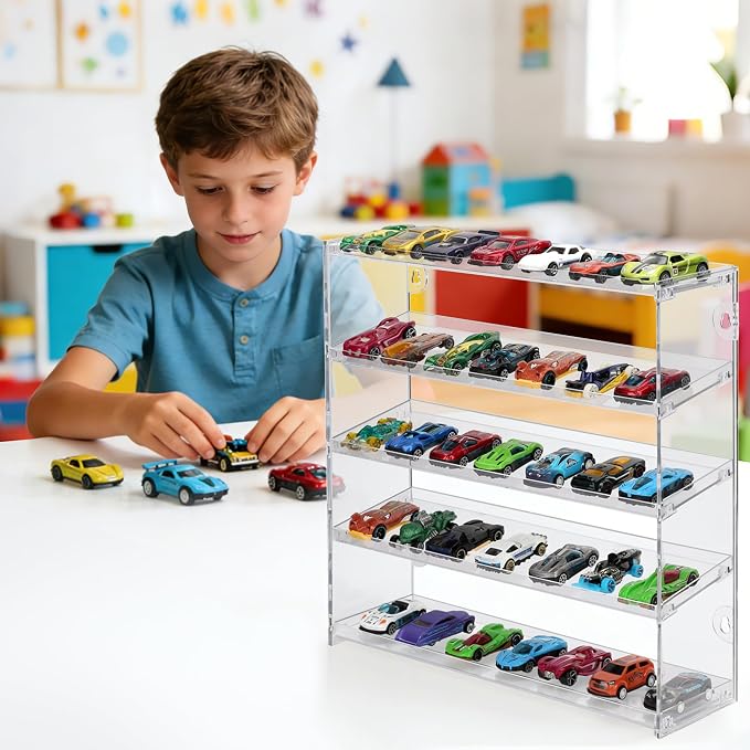 45+ Toy Cars Display Case, 5 Tier Plastic Wall Mount Storage Case for 1:64 Scale Toy Cars & Matchbox Cars, Diecast Cars Storage Organizer, Toy Car Display for Collectors & Kids