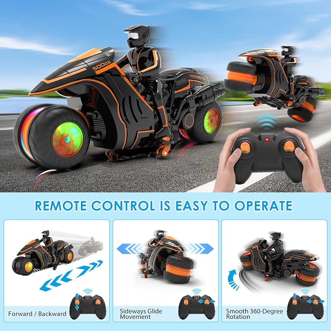 Remote Control Motorcycle with RGB Lights & Exclusive Side Glide | Ready-to-Play with 2 Batteries | 2.4GHz RC Stunt Bike Gift for Kids 5-12
